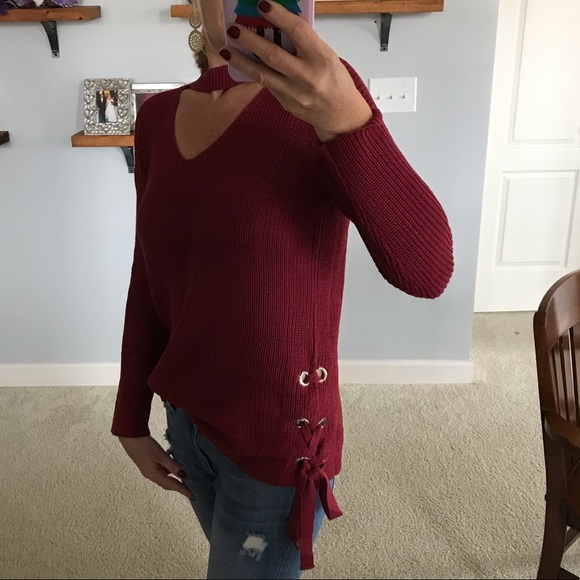 Dark Red Side Tie Sweater - Picture 4 of 6